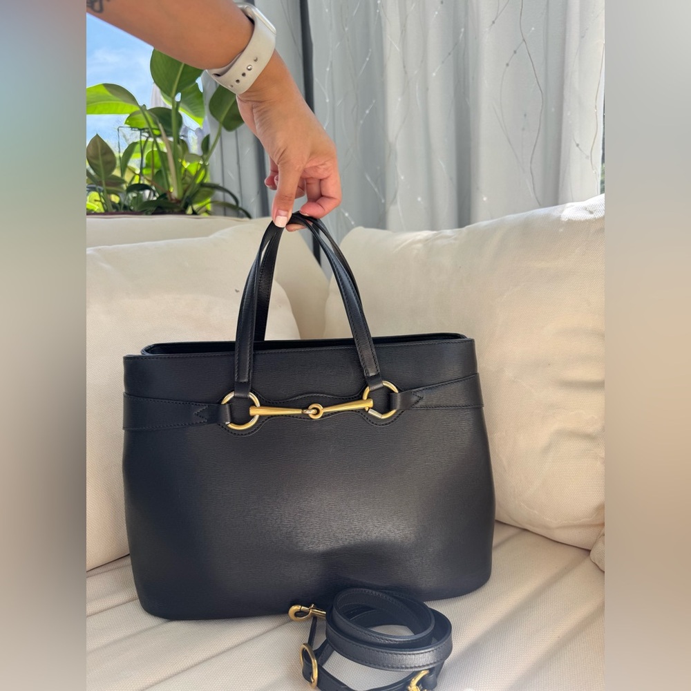 Gucci Horsebit Two Way Black Leather Tote Bag